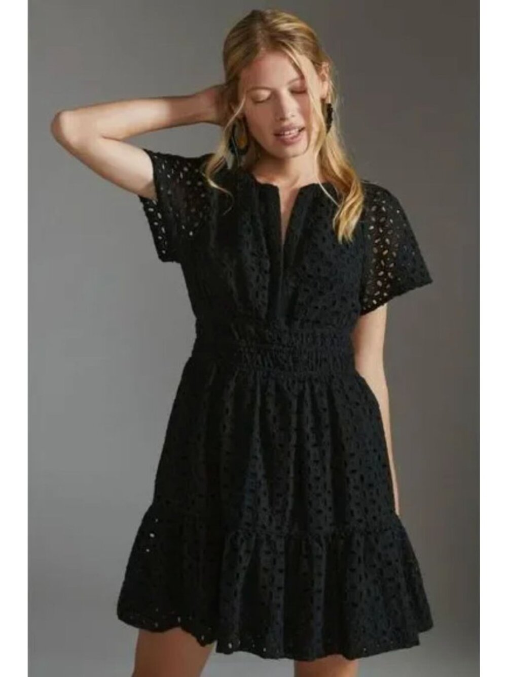 Anthropologie Somerset Eyelet Mini Dress Black Sit and Flare Casual Party XS